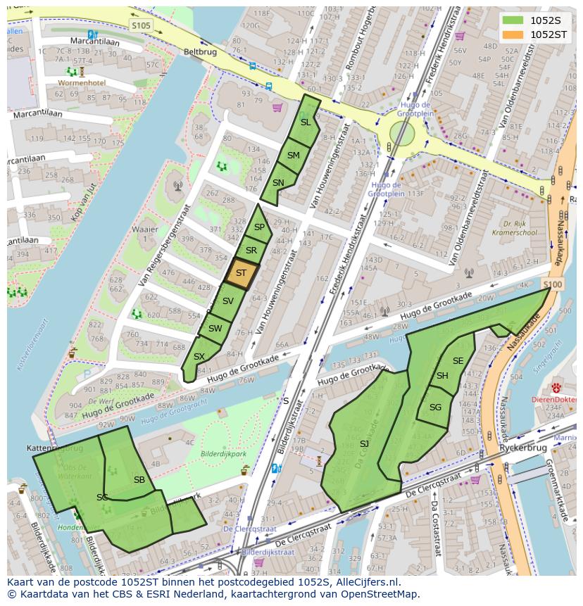Afbeelding van het postcodegebied 1052 ST op de kaart.