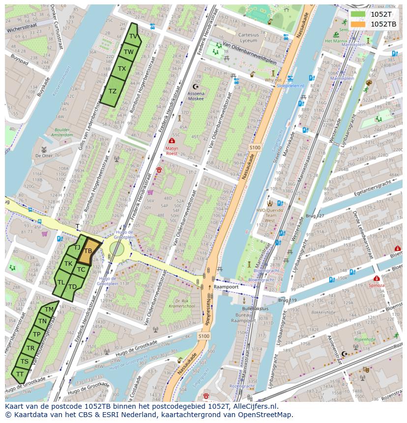 Afbeelding van het postcodegebied 1052 TB op de kaart.