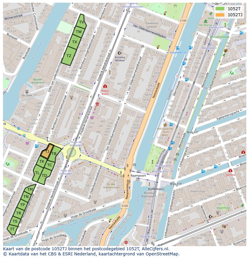 Afbeelding van het postcodegebied 1052 TJ op de kaart.