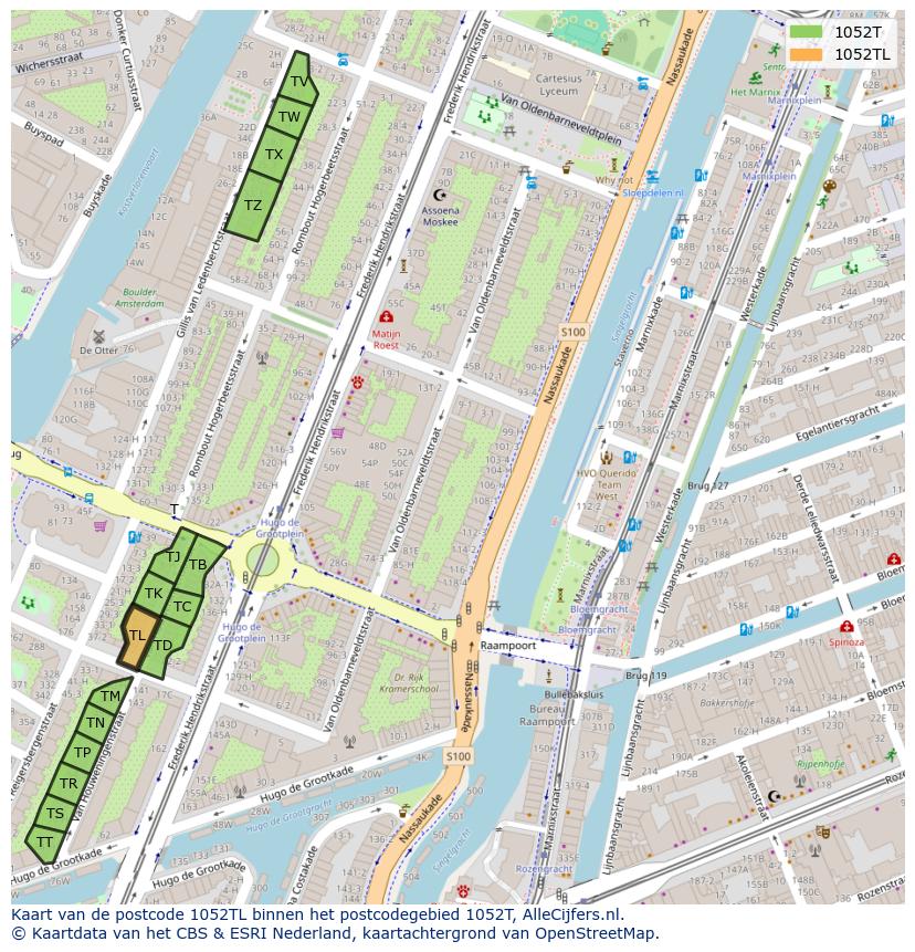 Afbeelding van het postcodegebied 1052 TL op de kaart.