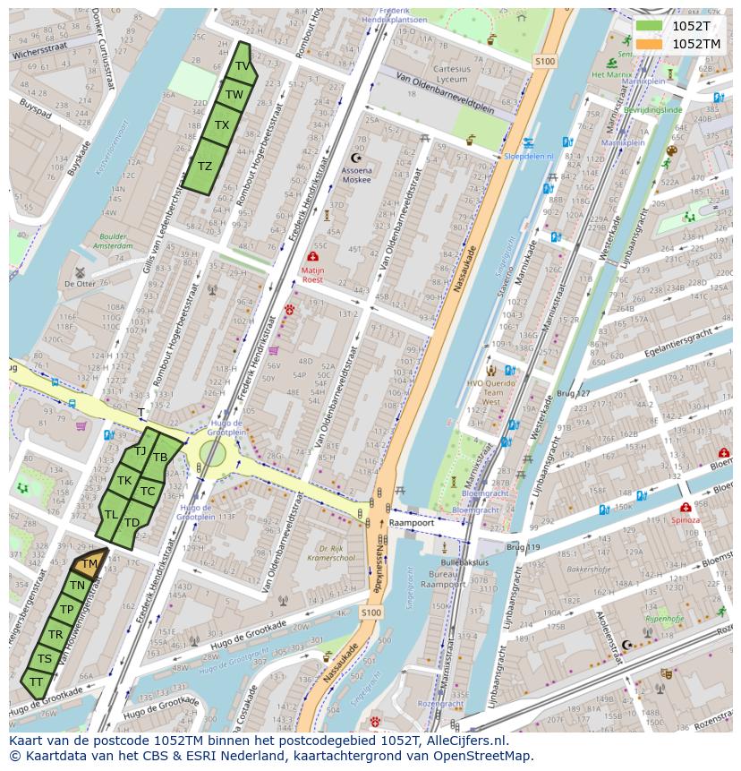 Afbeelding van het postcodegebied 1052 TM op de kaart.