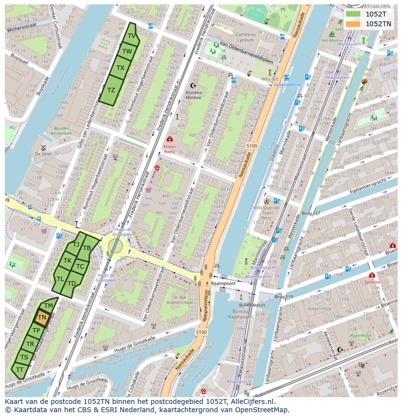 Afbeelding van het postcodegebied 1052 TN op de kaart.
