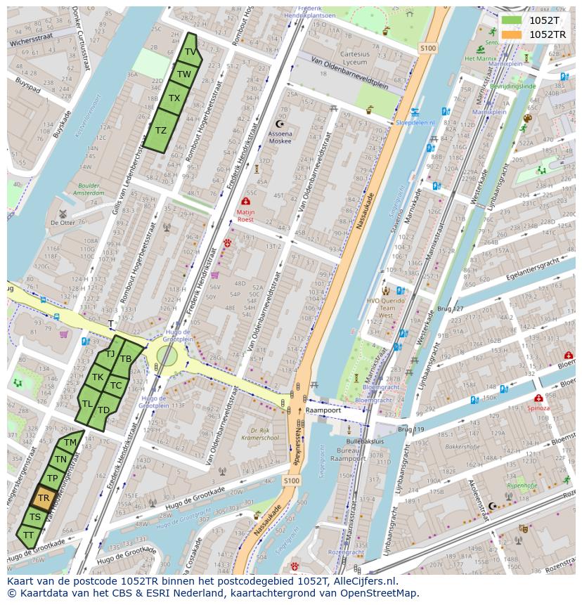 Afbeelding van het postcodegebied 1052 TR op de kaart.