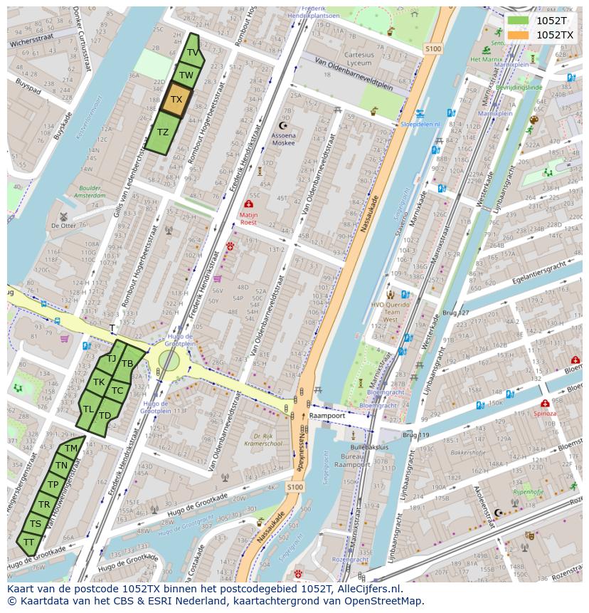 Afbeelding van het postcodegebied 1052 TX op de kaart.