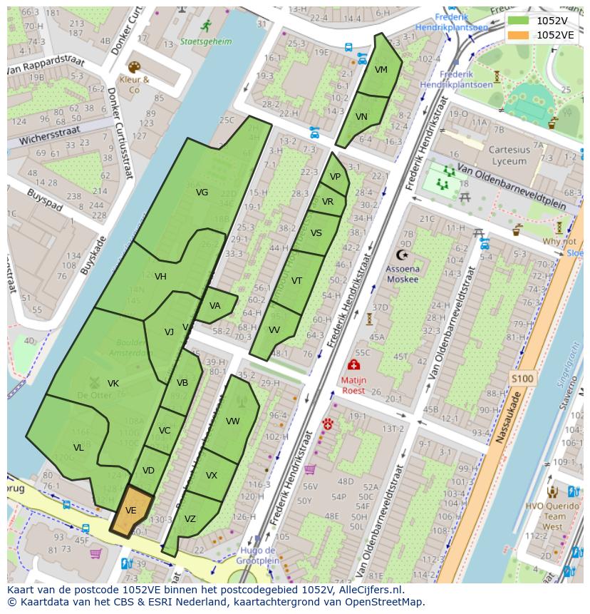 Afbeelding van het postcodegebied 1052 VE op de kaart.