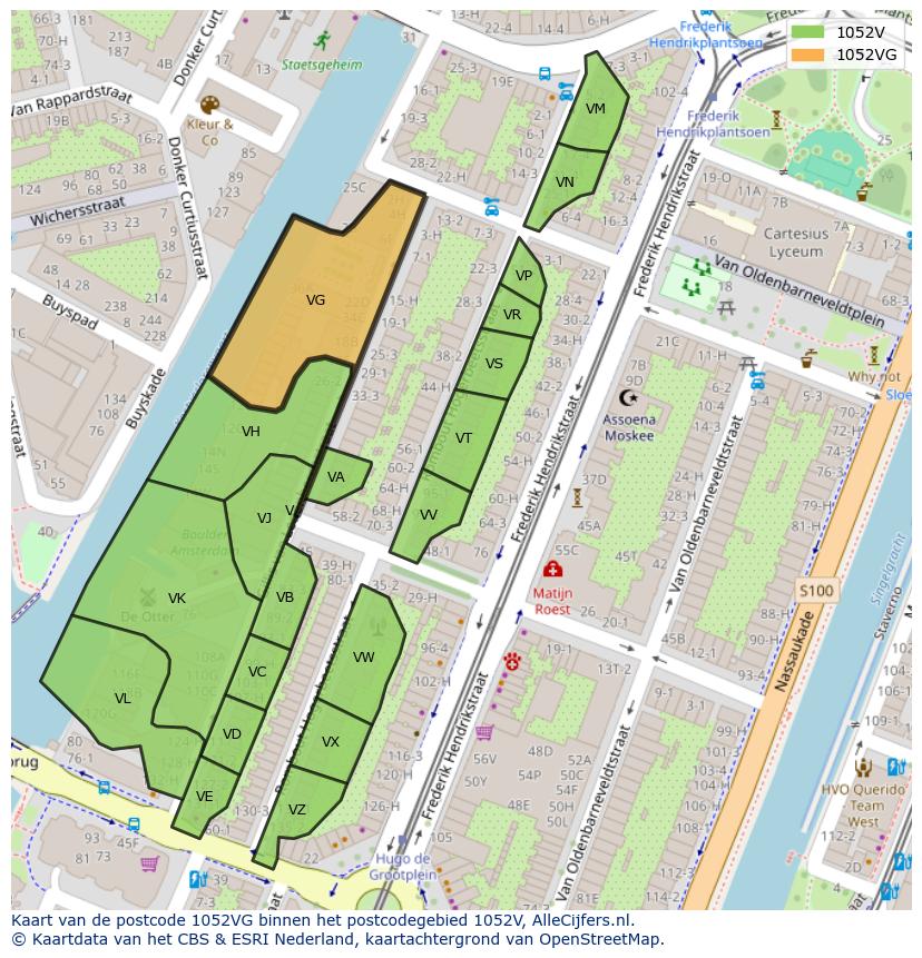 Afbeelding van het postcodegebied 1052 VG op de kaart.