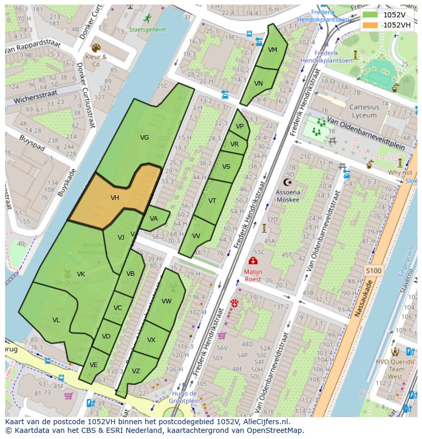 Afbeelding van het postcodegebied 1052 VH op de kaart.