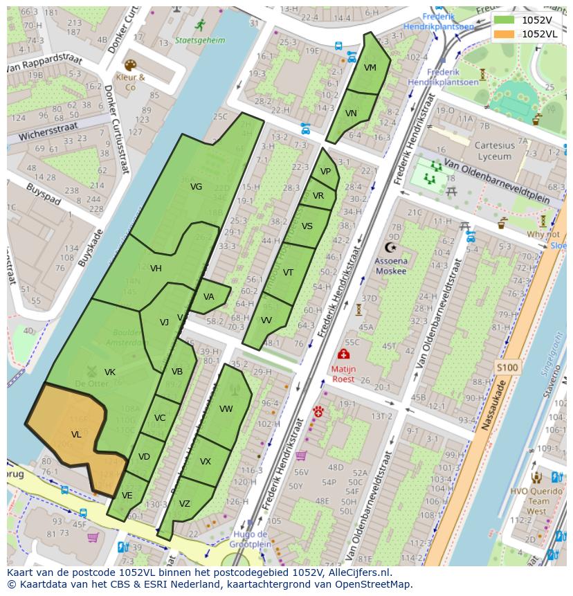 Afbeelding van het postcodegebied 1052 VL op de kaart.