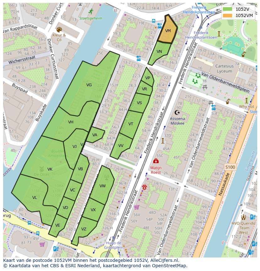 Afbeelding van het postcodegebied 1052 VM op de kaart.