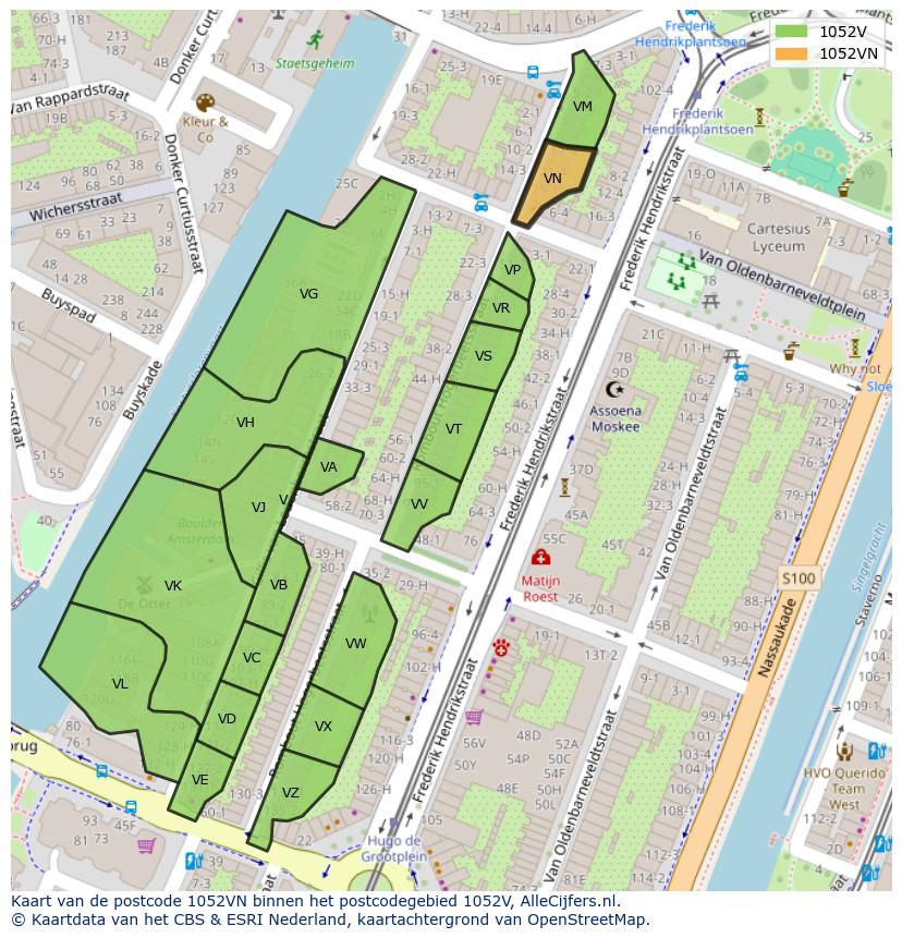 Afbeelding van het postcodegebied 1052 VN op de kaart.