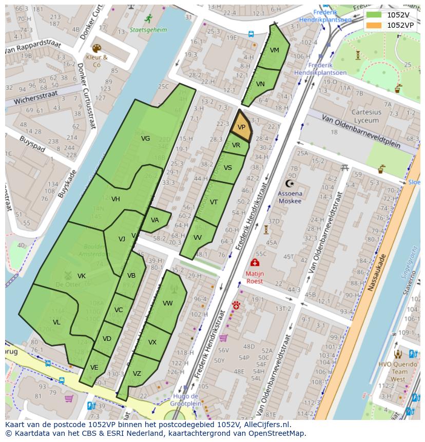 Afbeelding van het postcodegebied 1052 VP op de kaart.