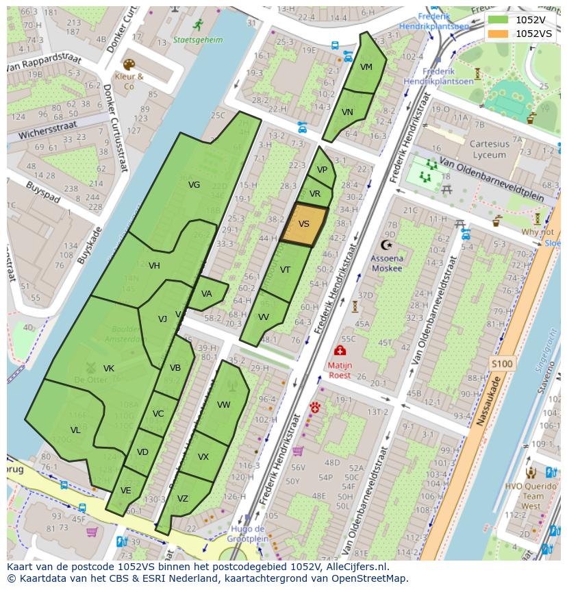 Afbeelding van het postcodegebied 1052 VS op de kaart.