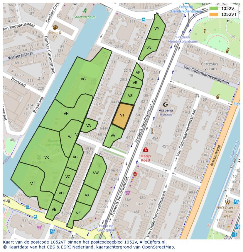 Afbeelding van het postcodegebied 1052 VT op de kaart.
