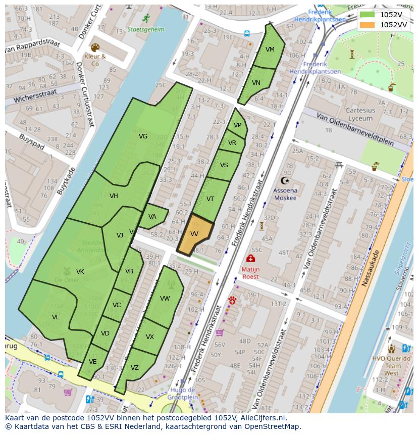 Afbeelding van het postcodegebied 1052 VV op de kaart.