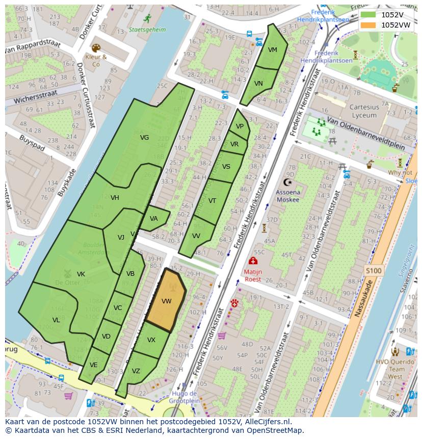 Afbeelding van het postcodegebied 1052 VW op de kaart.