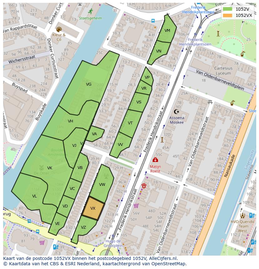 Afbeelding van het postcodegebied 1052 VX op de kaart.