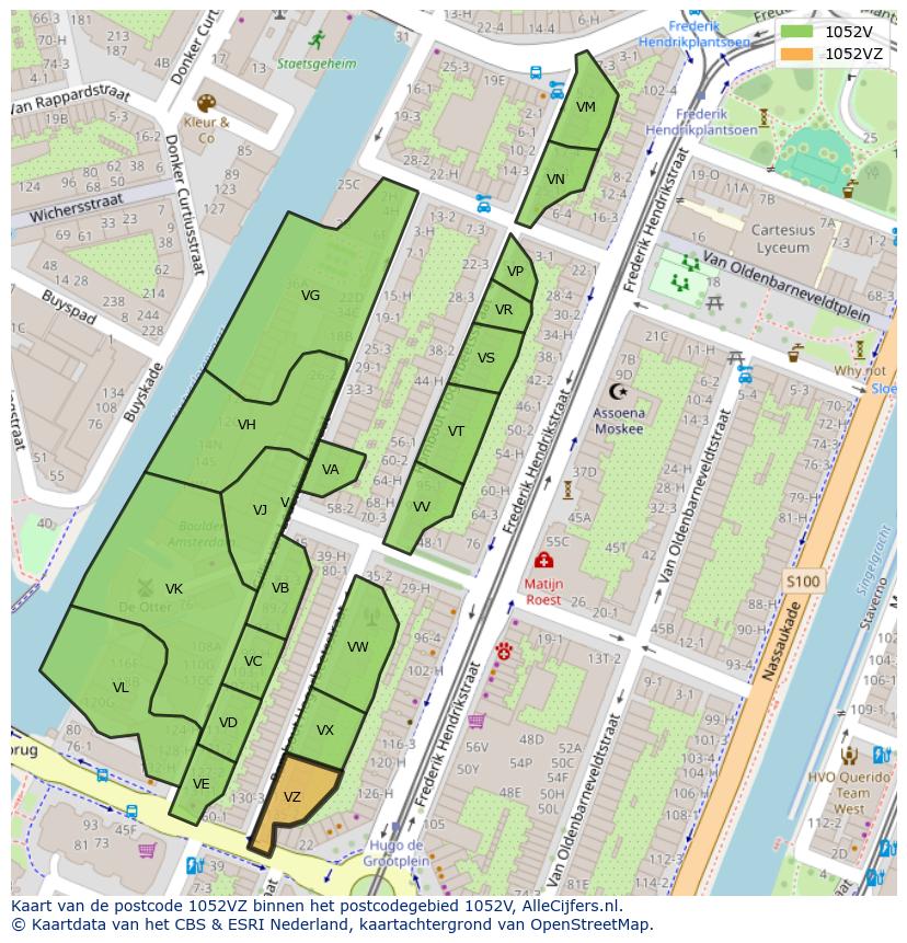 Afbeelding van het postcodegebied 1052 VZ op de kaart.