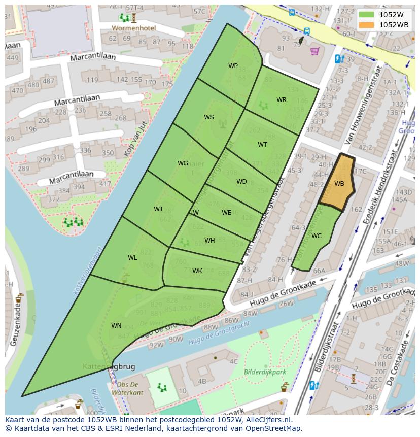 Afbeelding van het postcodegebied 1052 WB op de kaart.
