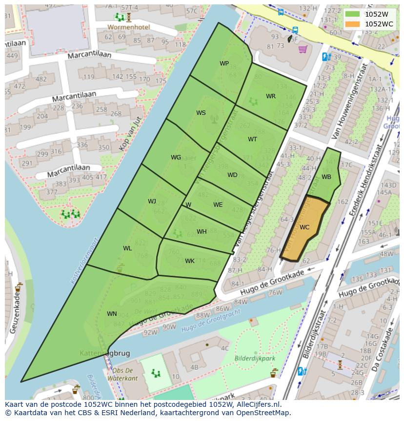 Afbeelding van het postcodegebied 1052 WC op de kaart.