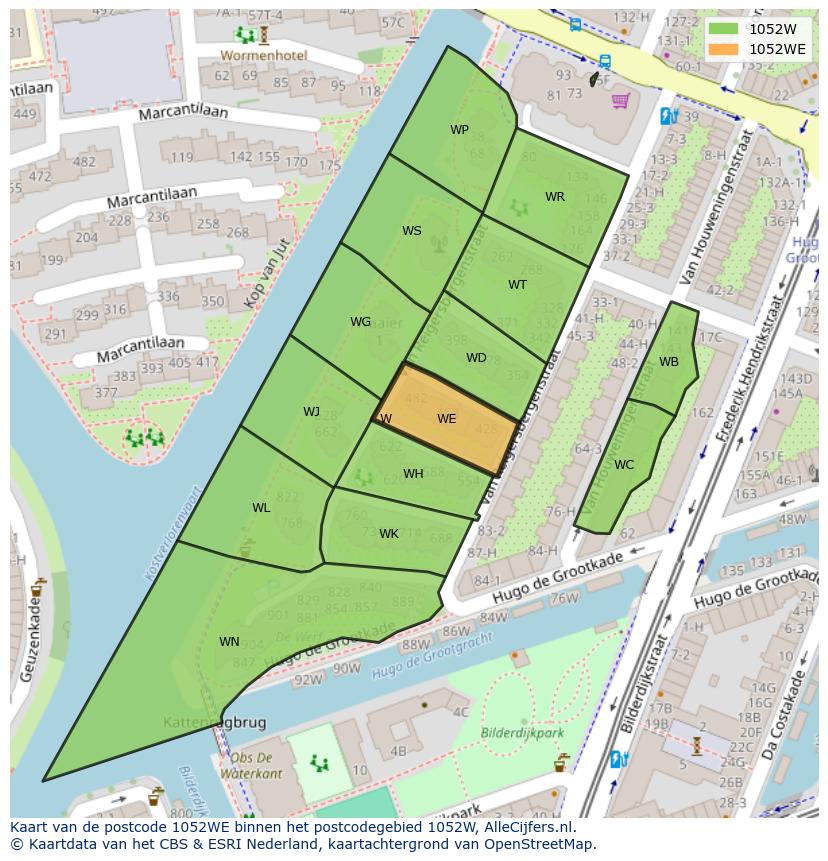 Afbeelding van het postcodegebied 1052 WE op de kaart.