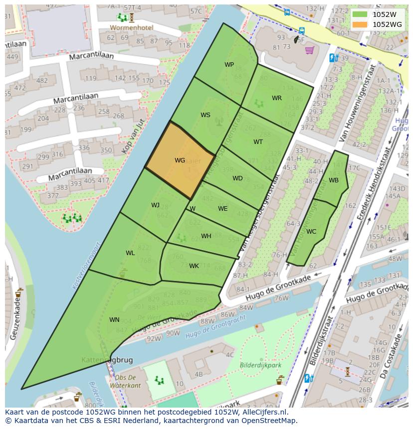 Afbeelding van het postcodegebied 1052 WG op de kaart.