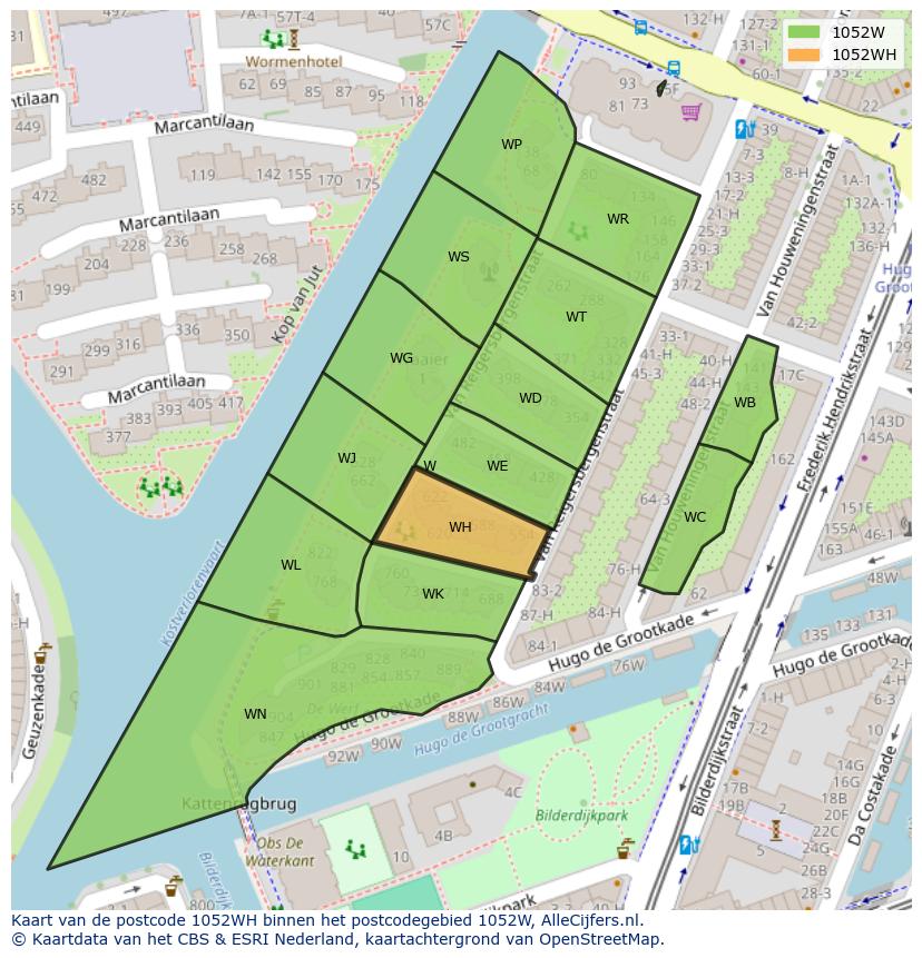 Afbeelding van het postcodegebied 1052 WH op de kaart.