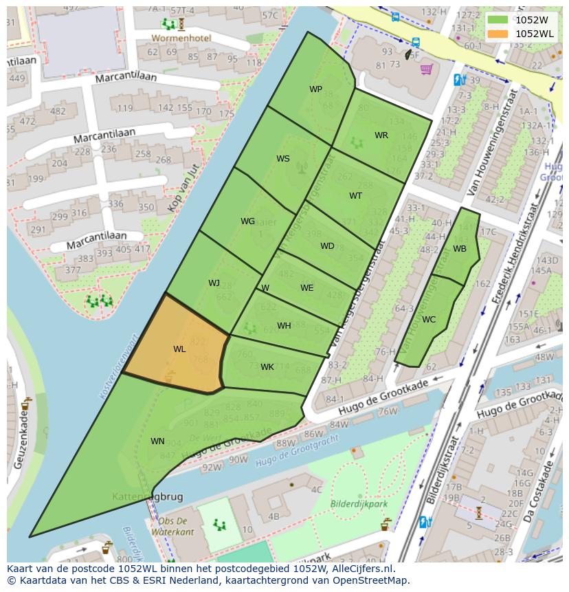 Afbeelding van het postcodegebied 1052 WL op de kaart.