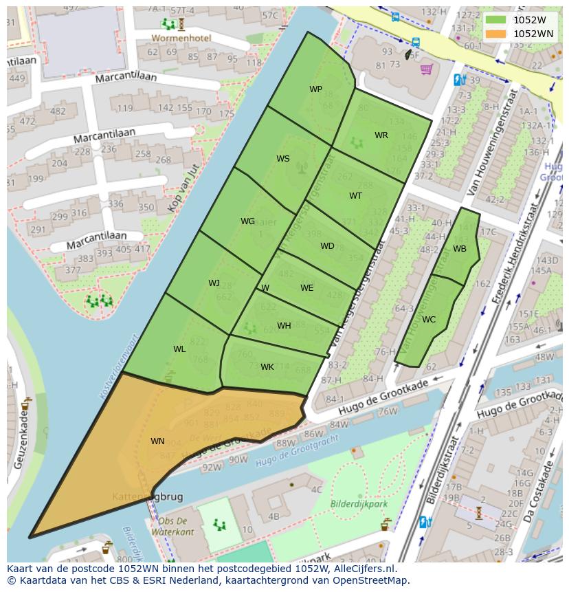 Afbeelding van het postcodegebied 1052 WN op de kaart.