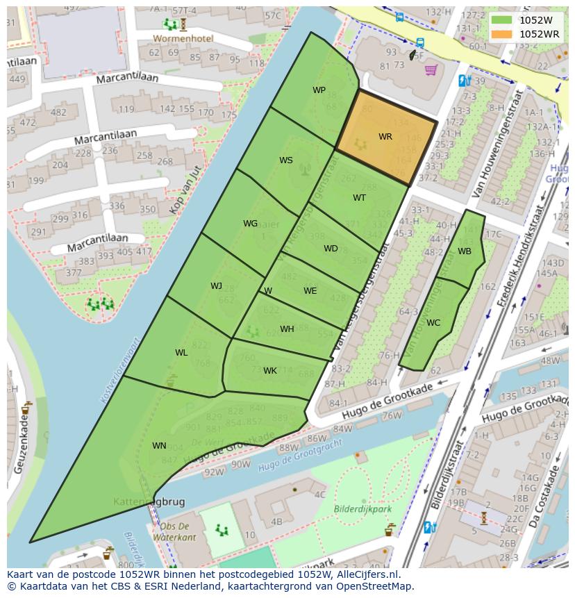 Afbeelding van het postcodegebied 1052 WR op de kaart.