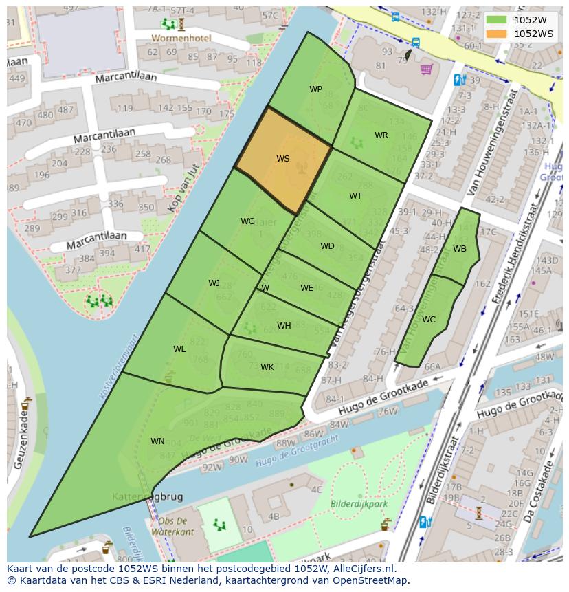 Afbeelding van het postcodegebied 1052 WS op de kaart.