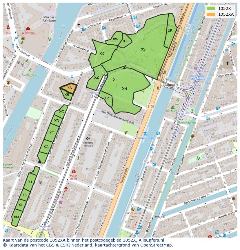 Afbeelding van het postcodegebied 1052 XA op de kaart.