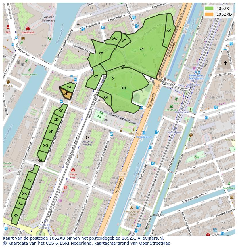 Afbeelding van het postcodegebied 1052 XB op de kaart.