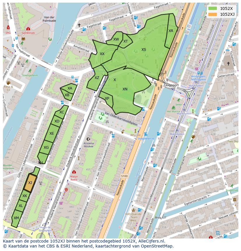 Afbeelding van het postcodegebied 1052 XJ op de kaart.
