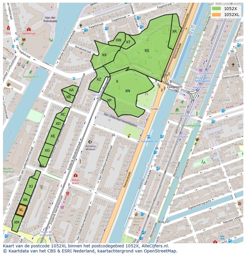 Afbeelding van het postcodegebied 1052 XL op de kaart.