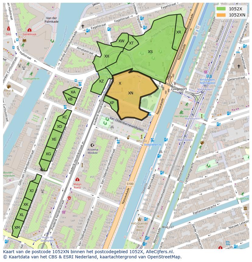 Afbeelding van het postcodegebied 1052 XN op de kaart.