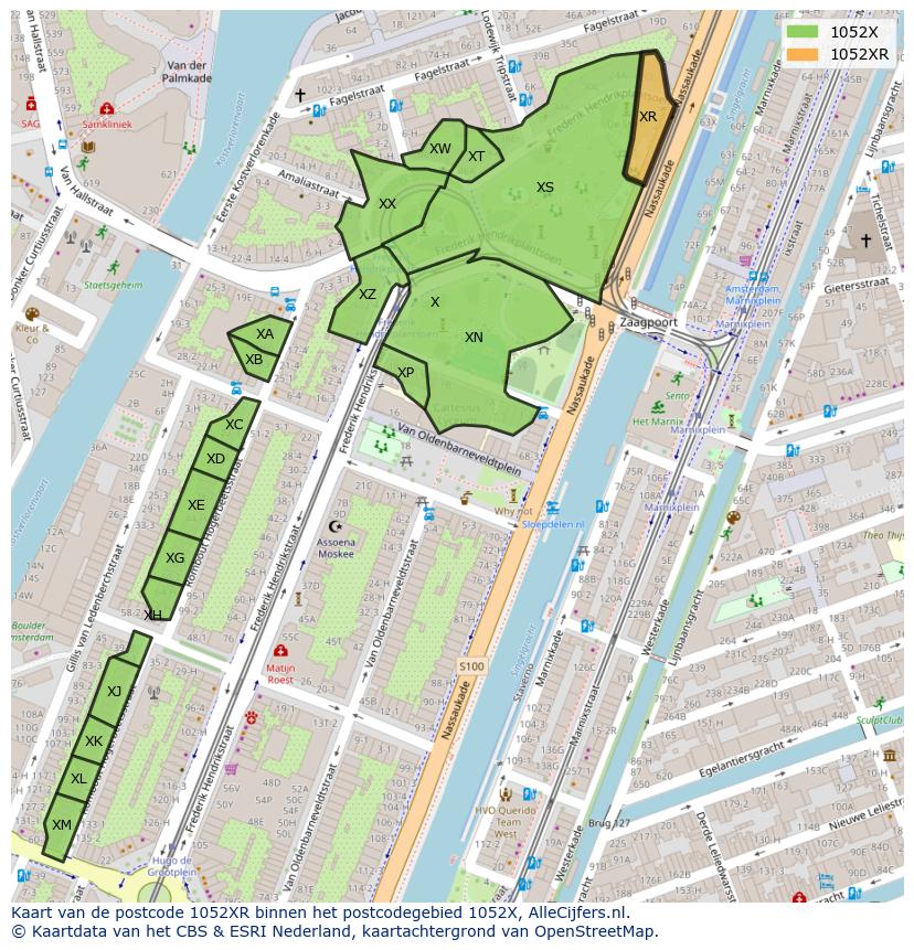 Afbeelding van het postcodegebied 1052 XR op de kaart.