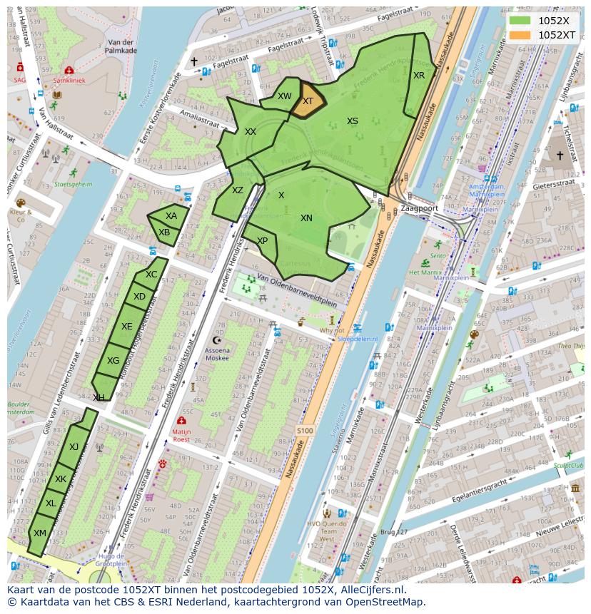 Afbeelding van het postcodegebied 1052 XT op de kaart.