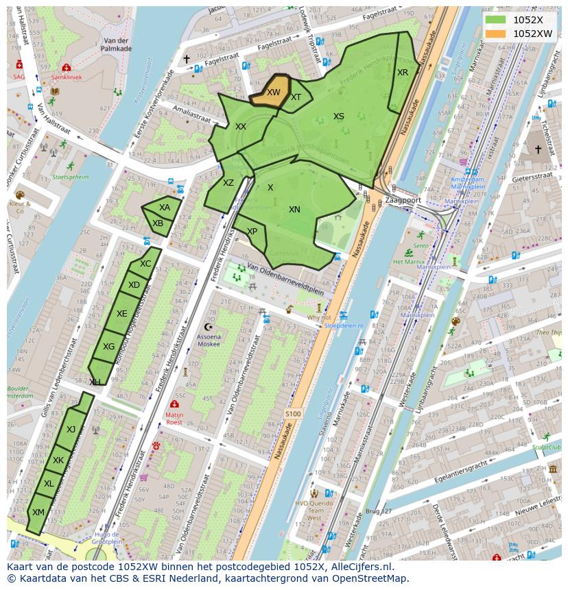 Afbeelding van het postcodegebied 1052 XW op de kaart.