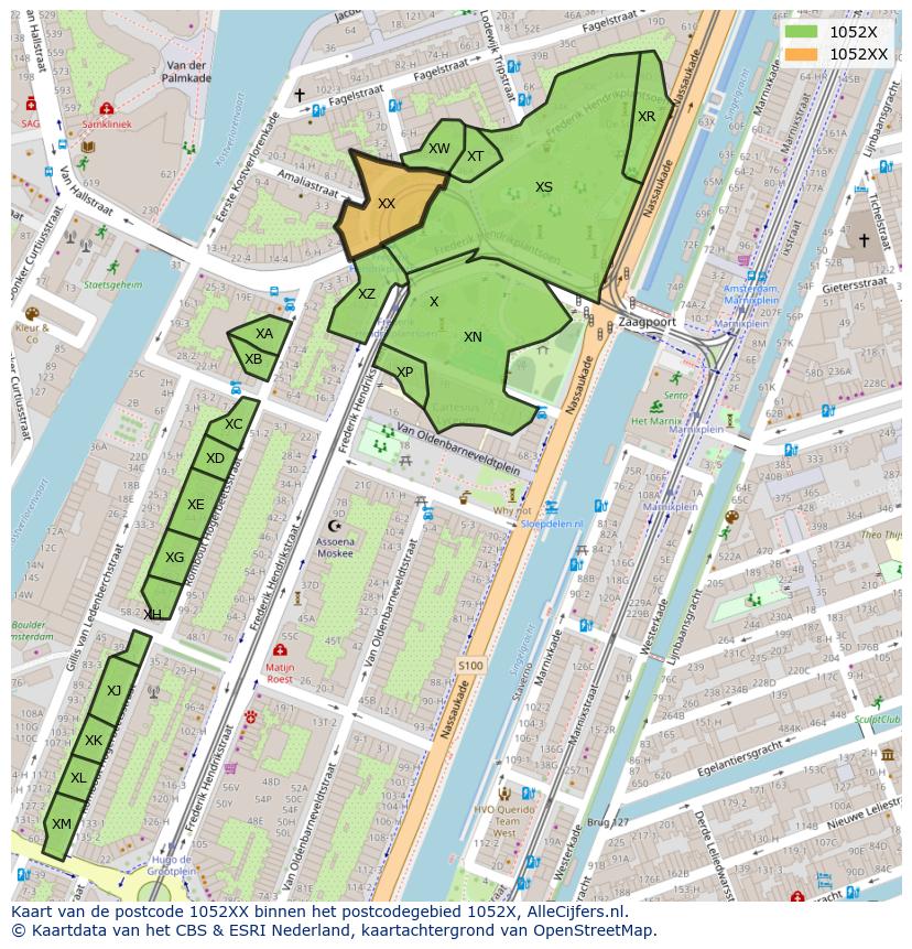 Afbeelding van het postcodegebied 1052 XX op de kaart.