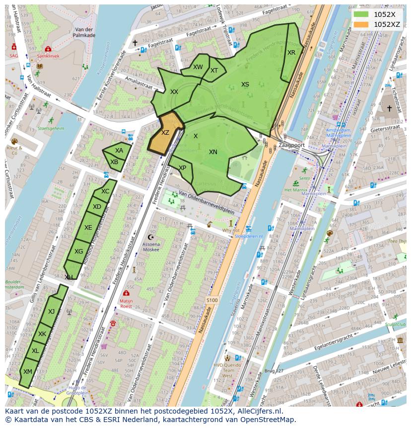 Afbeelding van het postcodegebied 1052 XZ op de kaart.