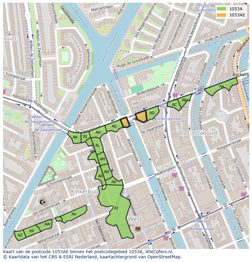 Afbeelding van het postcodegebied 1053 AE op de kaart.