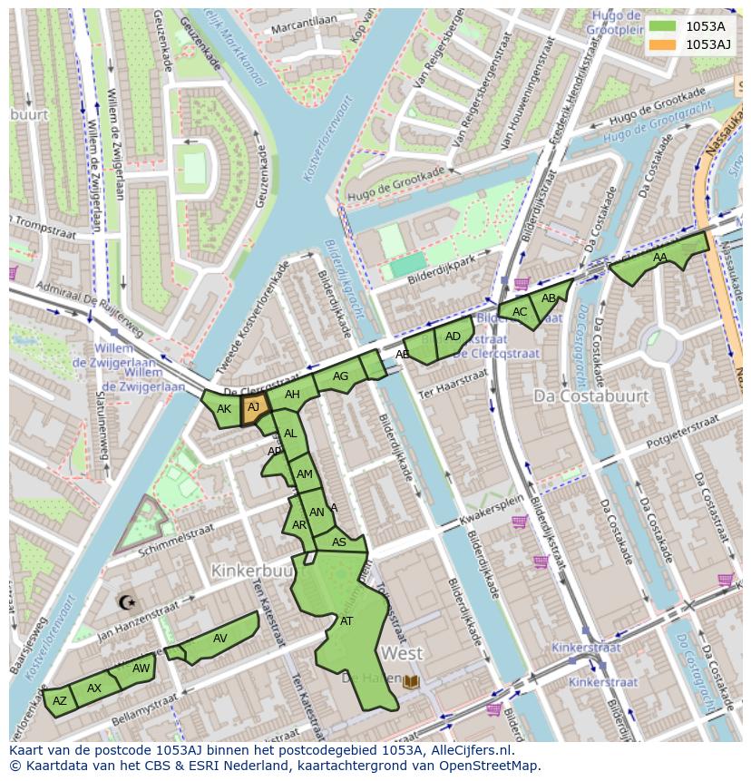 Afbeelding van het postcodegebied 1053 AJ op de kaart.
