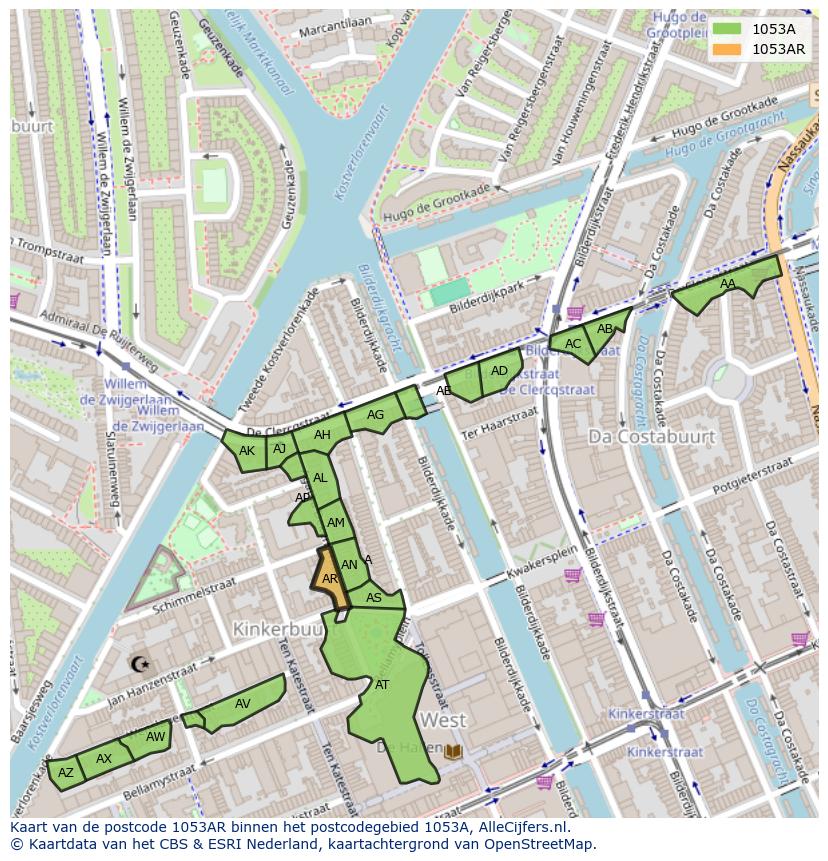 Afbeelding van het postcodegebied 1053 AR op de kaart.