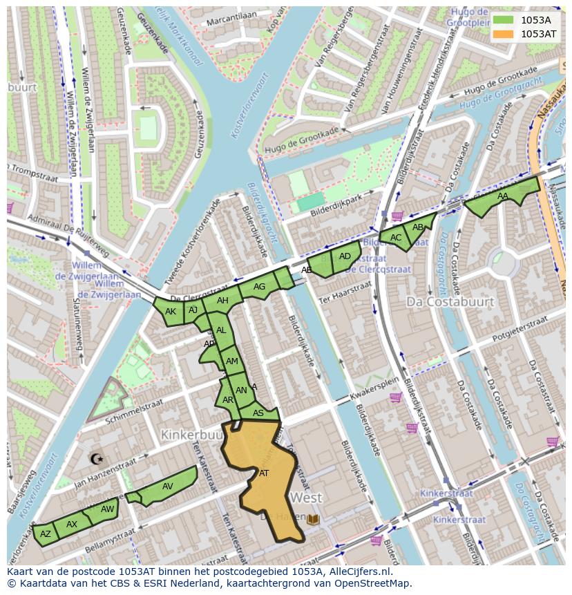 Afbeelding van het postcodegebied 1053 AT op de kaart.