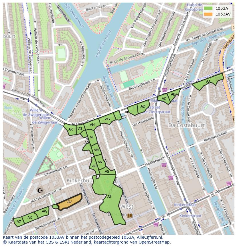 Afbeelding van het postcodegebied 1053 AV op de kaart.