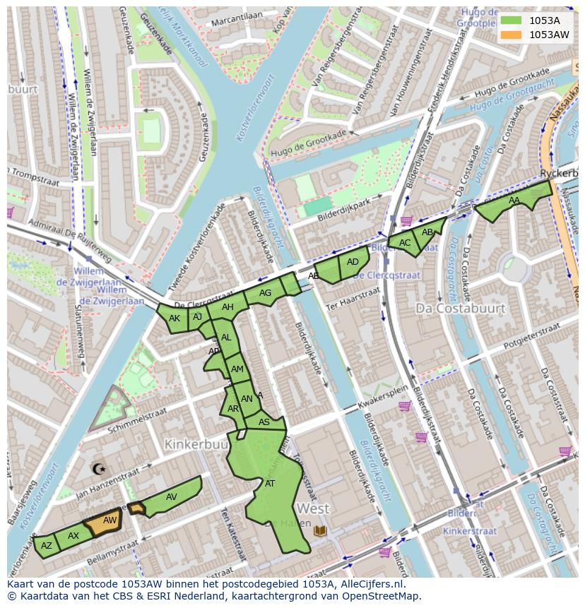 Afbeelding van het postcodegebied 1053 AW op de kaart.