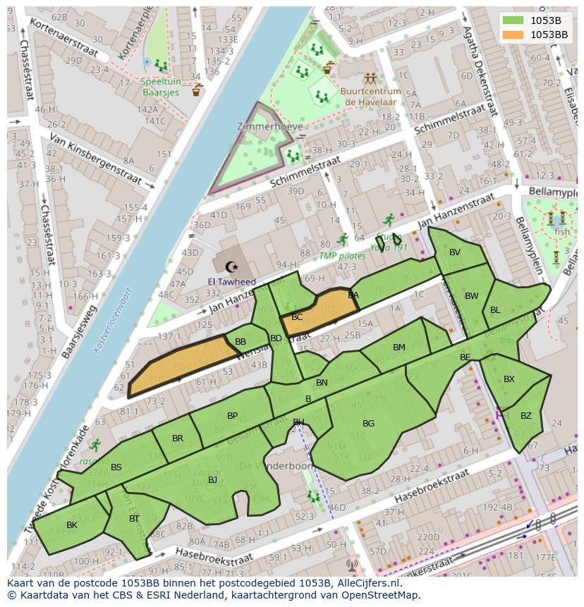 Afbeelding van het postcodegebied 1053 BB op de kaart.