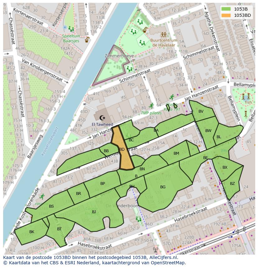 Afbeelding van het postcodegebied 1053 BD op de kaart.