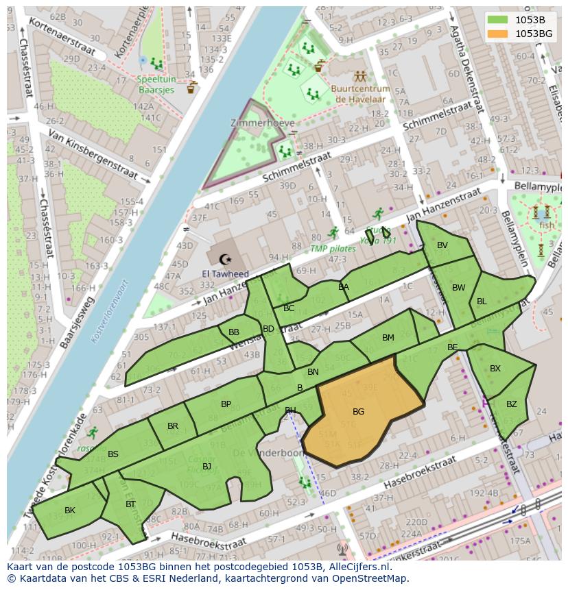Afbeelding van het postcodegebied 1053 BG op de kaart.