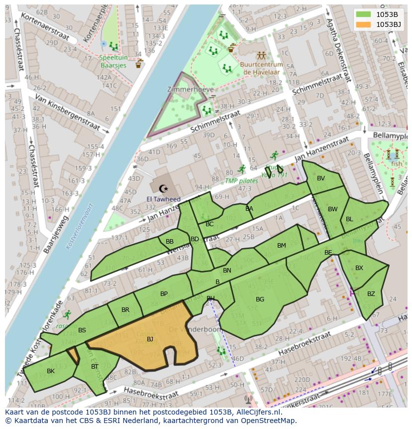 Afbeelding van het postcodegebied 1053 BJ op de kaart.